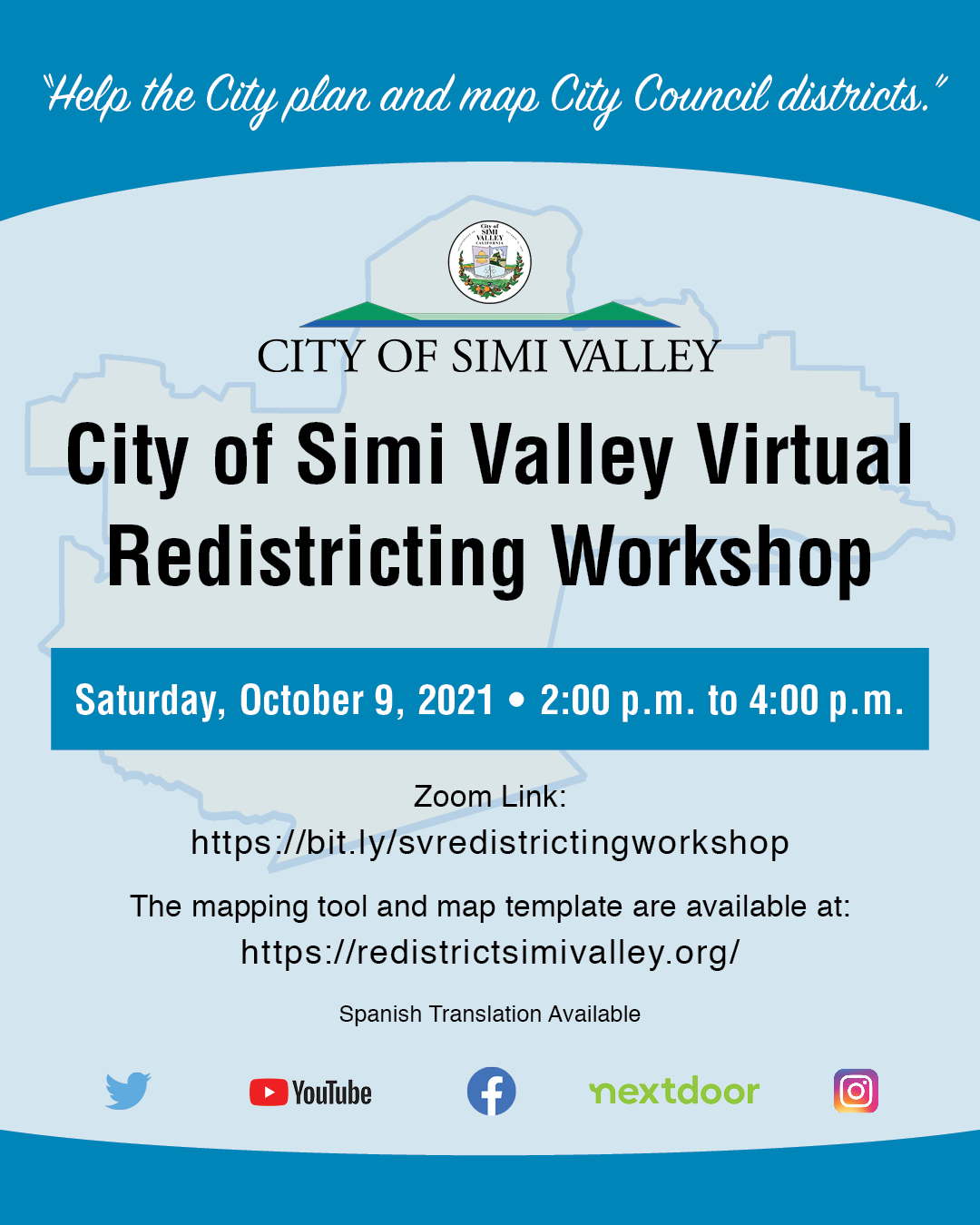 An Announcement for the City of Simi Valley Redistricting Workshop on October 9, 2021