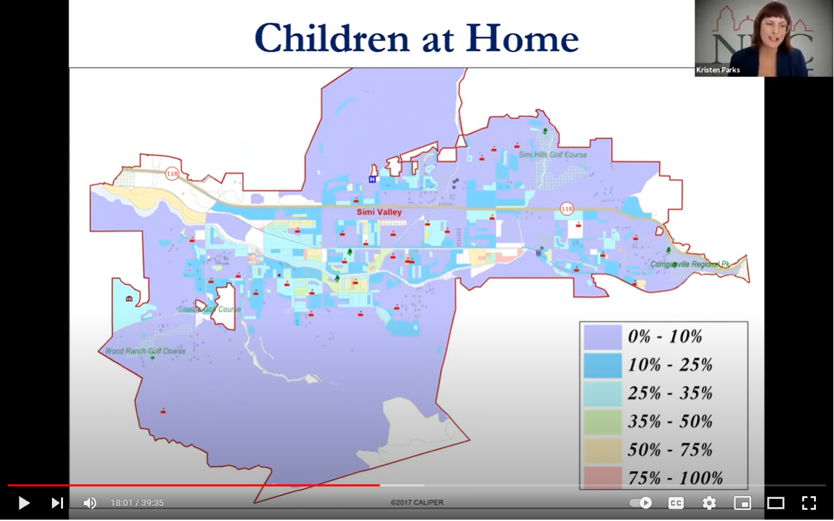 A screenshot of the workshop which shows the presenter in the and map of households in Simi Valley by percentages with Children at home 