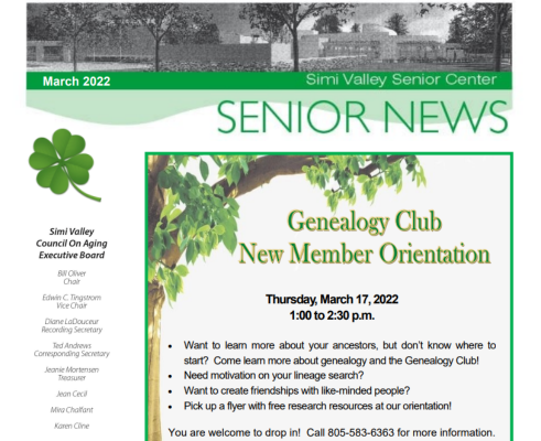 A screen shot of the Cover image of the March 2022 Senior Center newsletter, decorated in green and with a four-leaf clover.