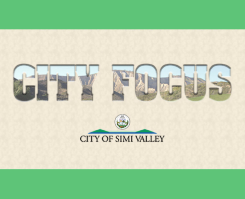 The words City Focus Cutout over a Simi Valley Hillside and a cream colored background and the City of Simi Valley Logo, bordered with green bars