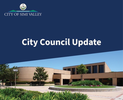 Simi Valley City Hall on a Clear day-  City logo is at the top, and City Council Update both on a navy blue background