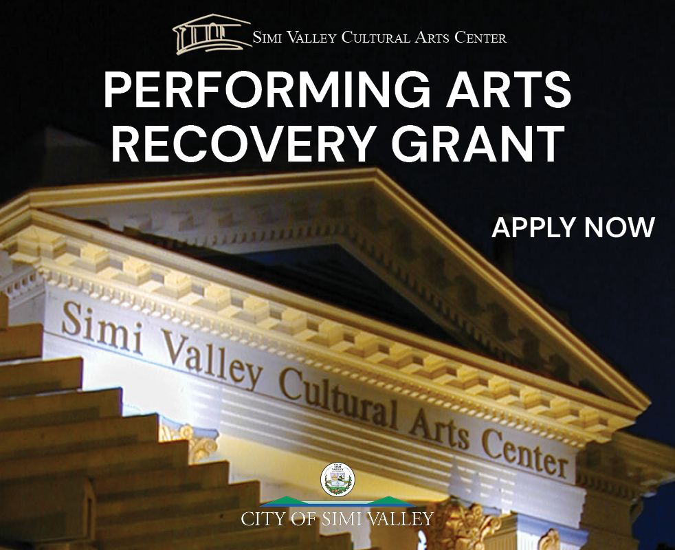 A nighttime image of the Simi Valley Cultural Arts Center with uplighting and the City/CAC Logos - Performing Arts Recovery Grant 2022 Season