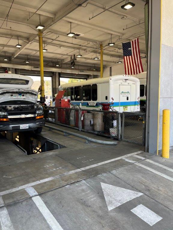 City public transit vehicle in for repair.